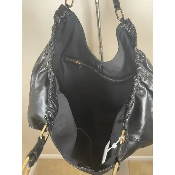 Anine Bing Kate Embossed Large Black Lamb Leather Boho Shoulder Tote - Picture 9 of 15